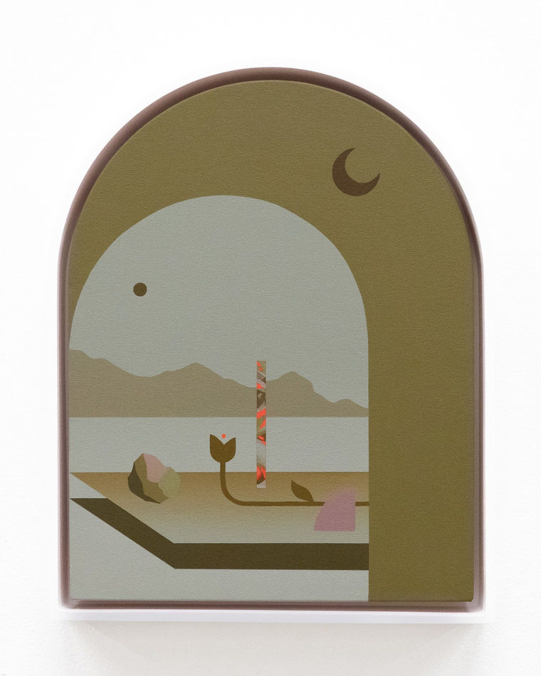 oating landscape, platform with flowers and rocks behind am arch tunnel.