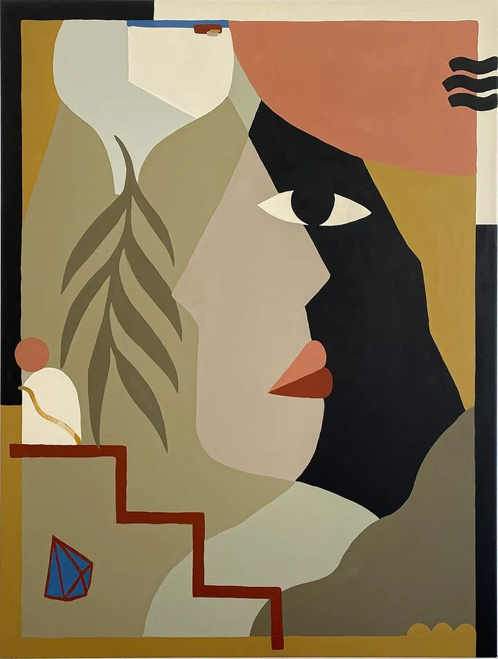 abstracted face made with green, yellow, faded red, and black