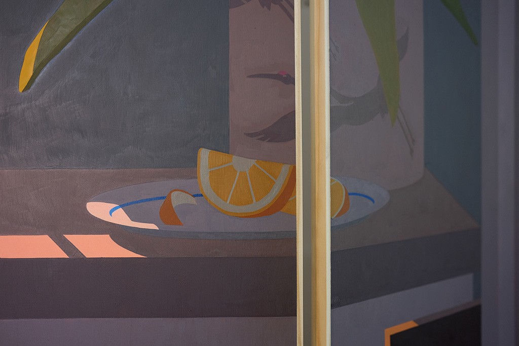 detail of a painting on a wooden room divider by artist Adrian Kay Wong depicting layered composition of an interior setting with two individuals sitting at a table, obscured by a partially opened door and door frame respectively