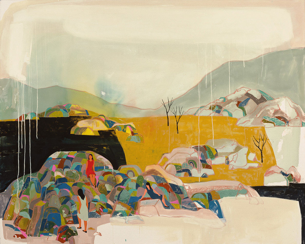 Painting depicting a landscape with various organic shapes and colorful rocks, bare trees, and figures strewn about by artist Seonna Hong