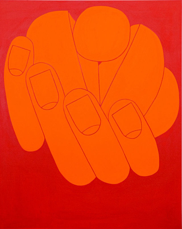 Painting of an orange hand holding a hotdog at eye level on a red background