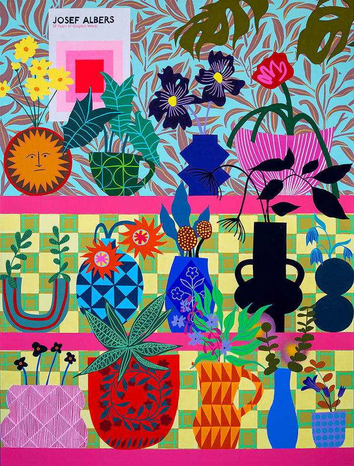 Still life painting of three shelves filled with various plants in colorful vases