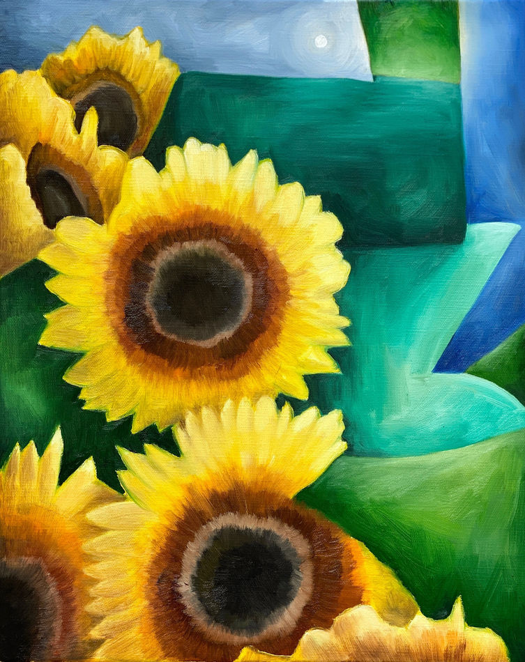 Painting of sunflowers with green and blue shapes in the background