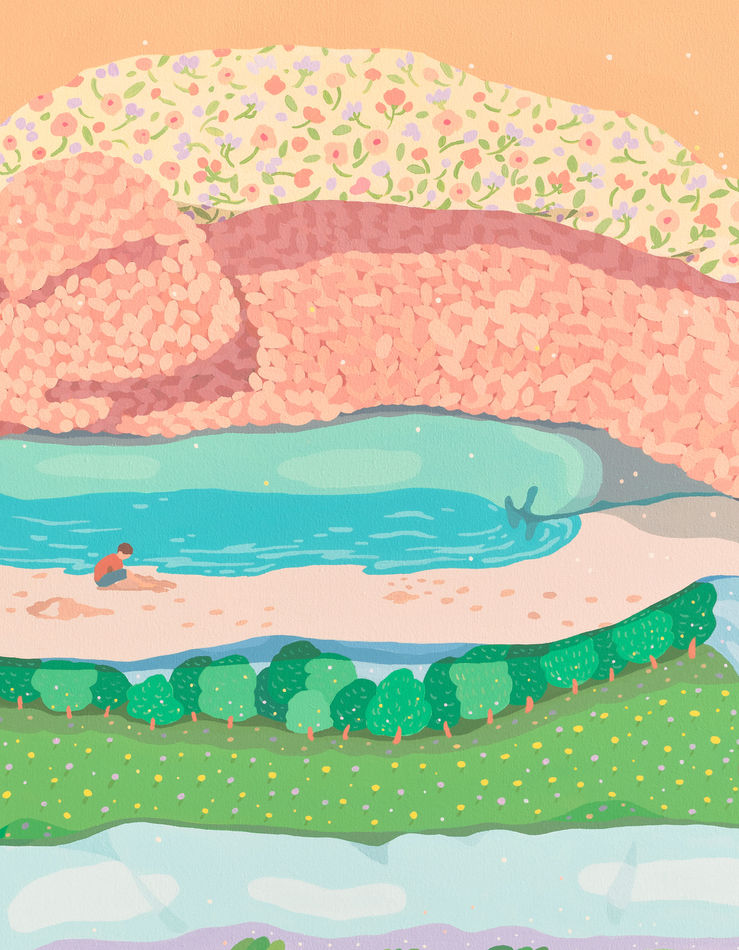 Danym Kwon's painting of folded blankets with scenes in each blanket