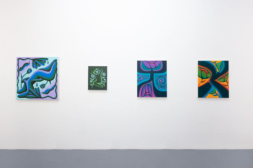white gallery wall with four colorful paintings by Jocelyn Tsaih