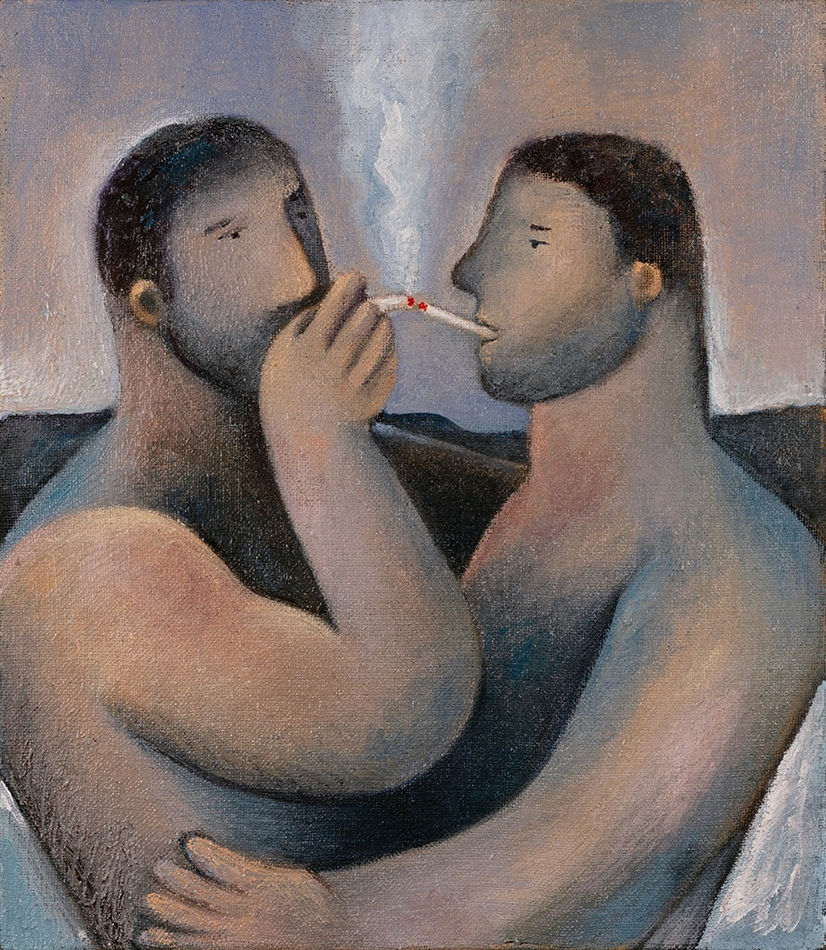 Painting of two men smoking while holding each others waist