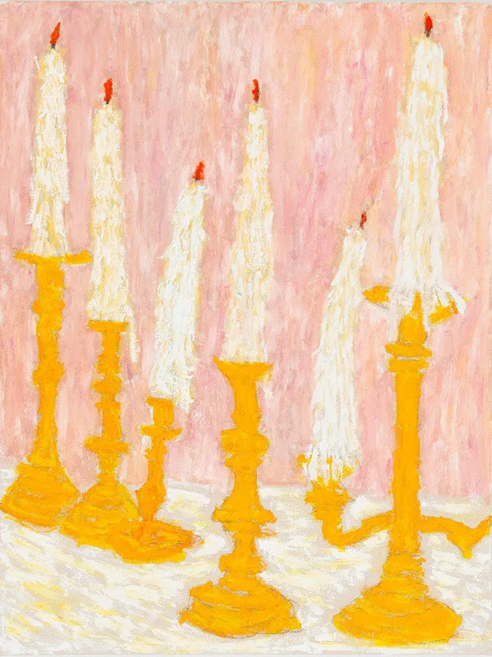 painting by Michael McGregor of white candles in gold candle holders with pink background