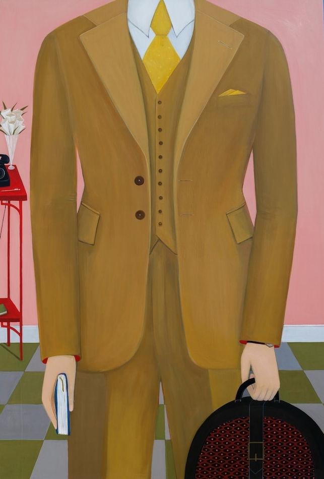 painting of a man wearing a tan three piece suit holding a dark leather bag and a book in his hands by Angela Burson