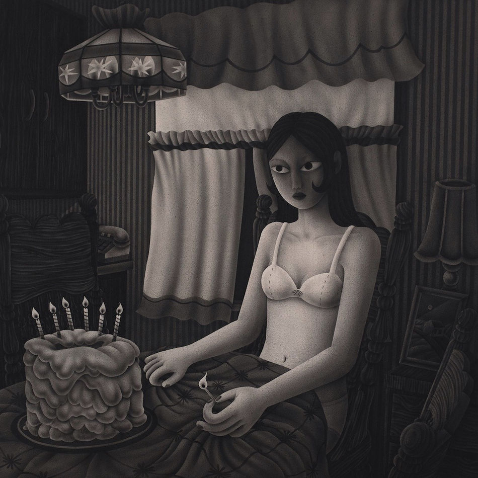 black and white painting of a woman in a bra seated in front of a birthday cake with lit candles. The woman is holding a lit match