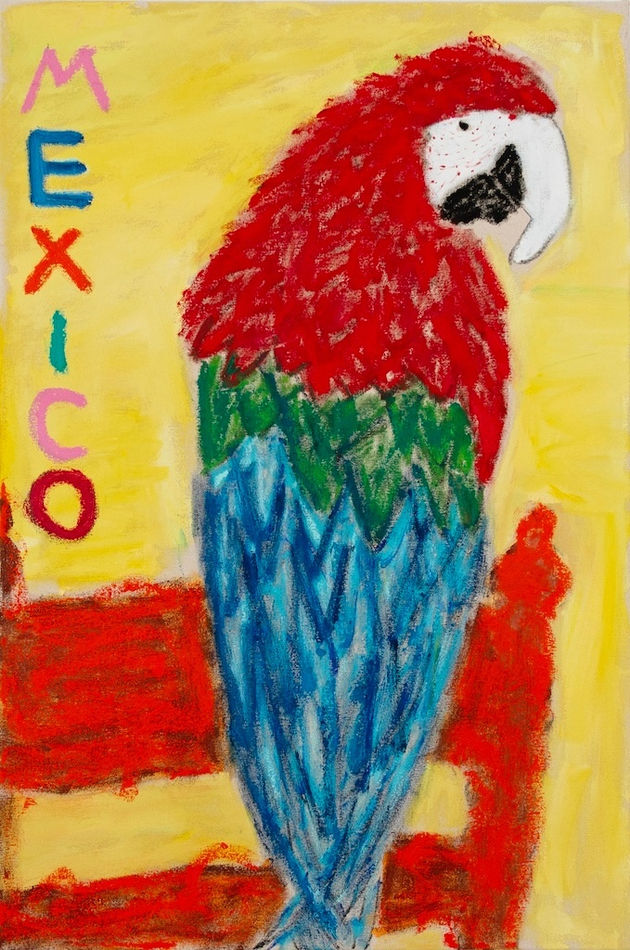 parrot on a red fence over a yellow background and 