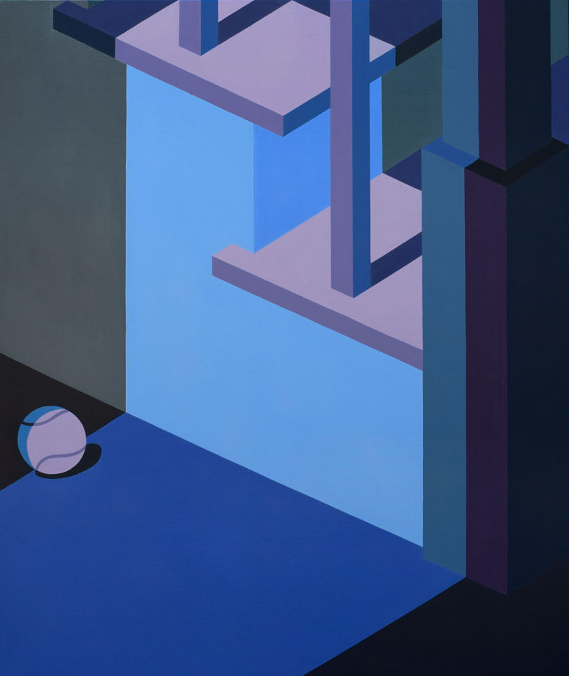 Painting in blue scale of a staircase with heavy shadows and a blue tennis ball on the ground next to the staircase