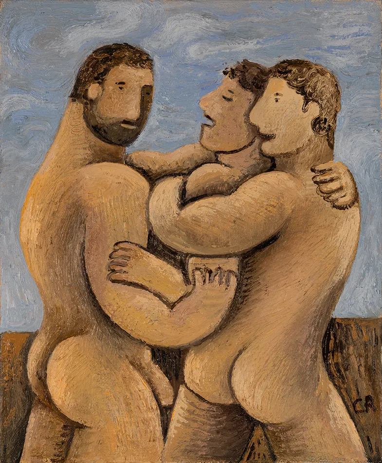 Painting by Carlos Rodriguez of three nude men embracing one another
