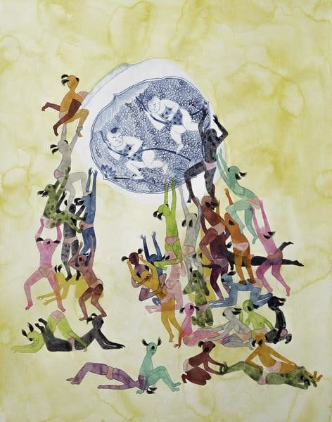 painting of woman climbing vase