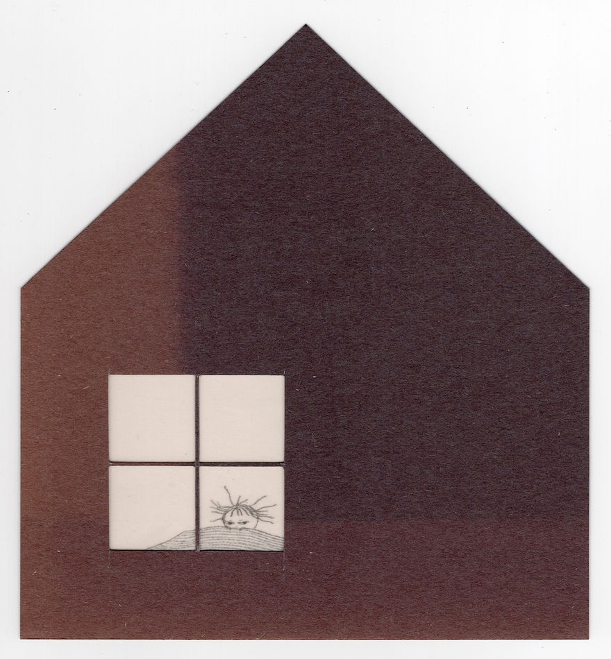 Drawing of a house silhouette with a window showing a person sleeping in a bed