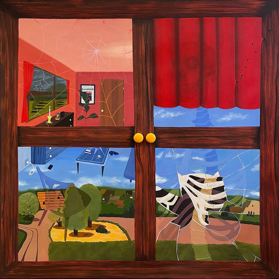 painting of a window divided into 4 sections with each section showing a different surreal image