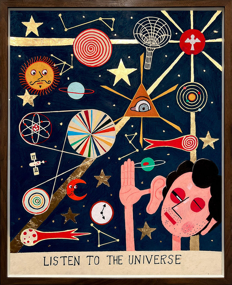 drawing by artist James Eddy depicting a person peering out a universe-related iconography