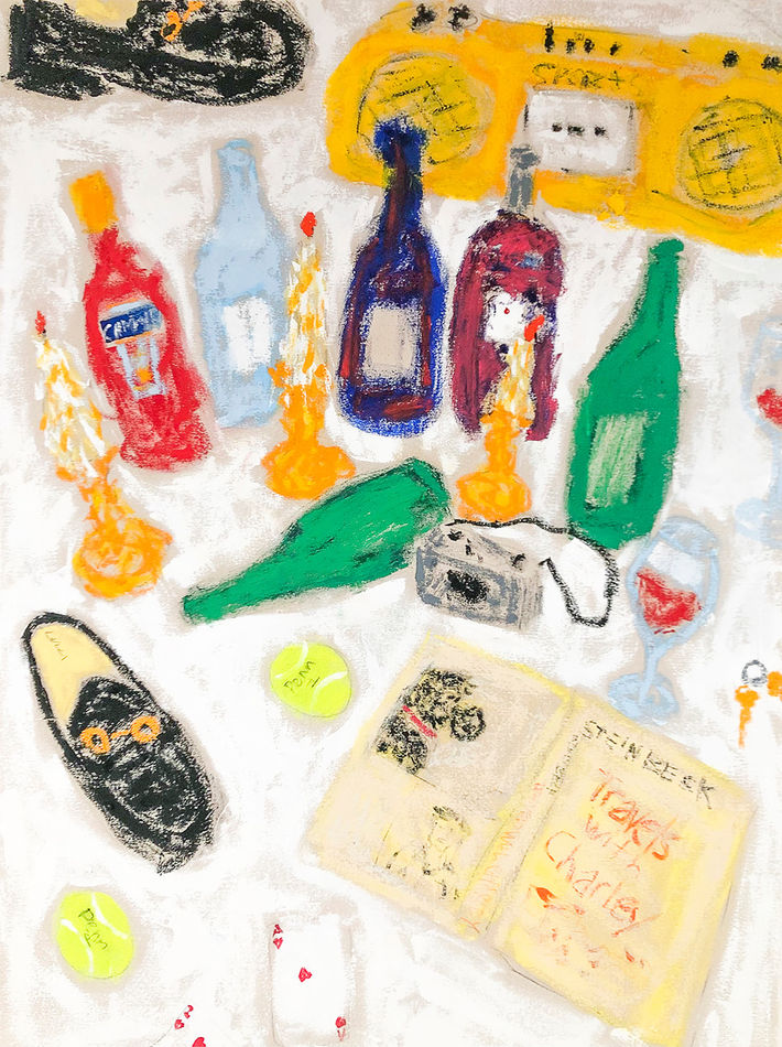 Still life painting of a white table with bottles of wine, water and campari, an open book, a black loafer shoe, a tennis ball, a yellow boombox, a camera, a glass of wine, keys and playing cards