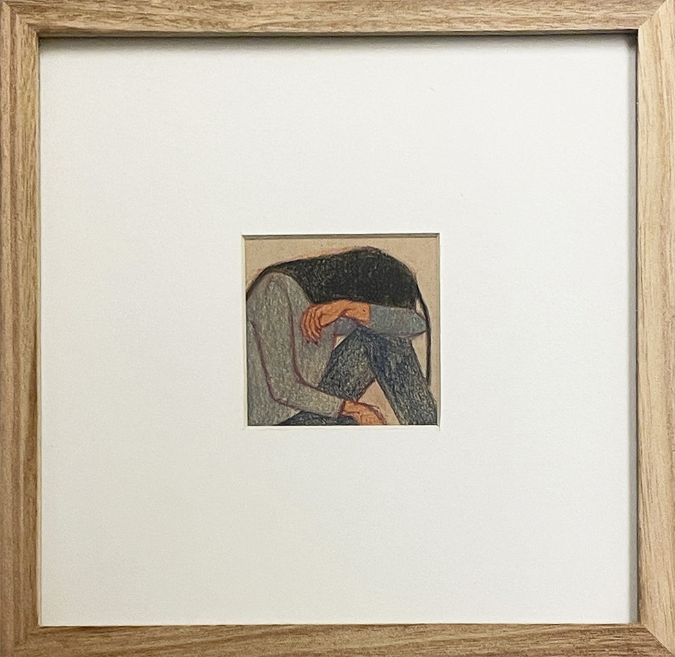 Colored pencil drawing of a seated woman resting her head on her arm in wood frame