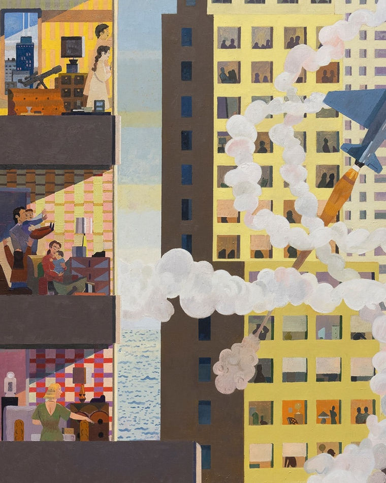 painting view of two apartments looking out at billowing smoke