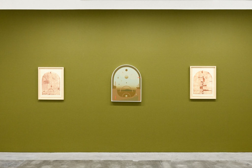 Install image of Petrichor, from left to right,“Fire Rainbow”, “Petrichor”, “Weathervane Trace Print”.