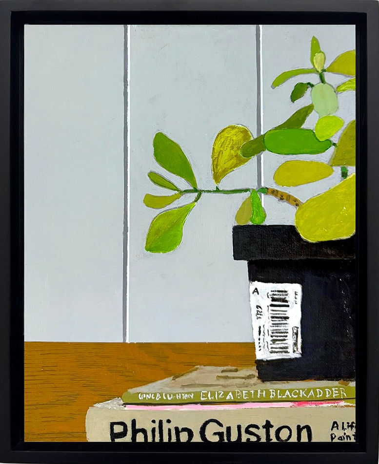 framed cropped painting of a green leafy plant sitting on top of books with a light blue background
