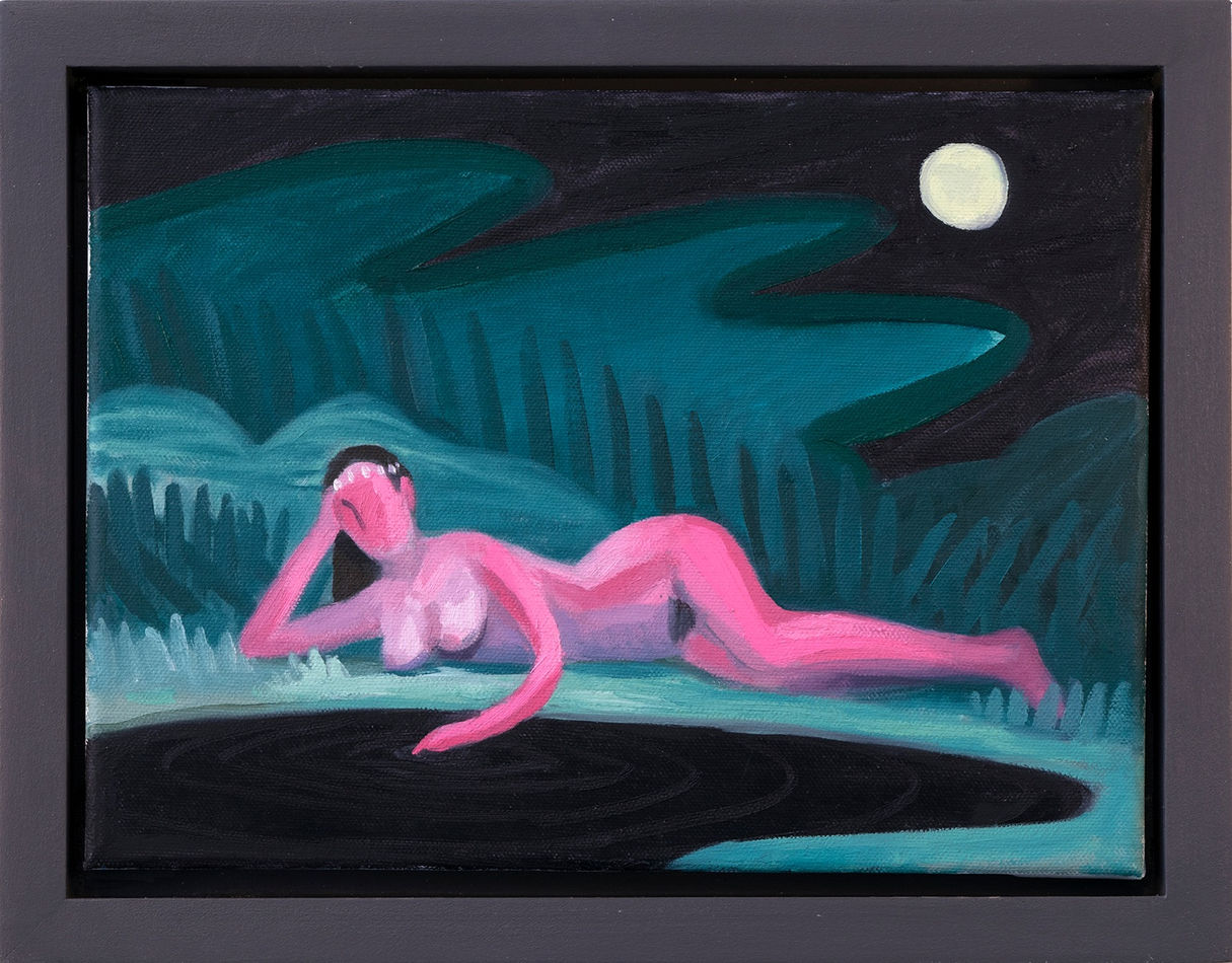Corey K. Lamb - woman reclining next to black pond in nightscape