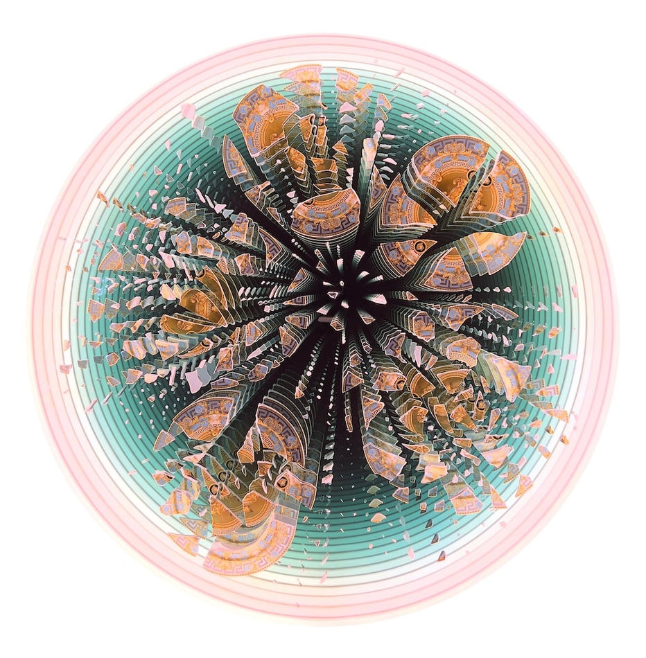 Peter Gronquist round infinity mirror with broken vintage Versace plates