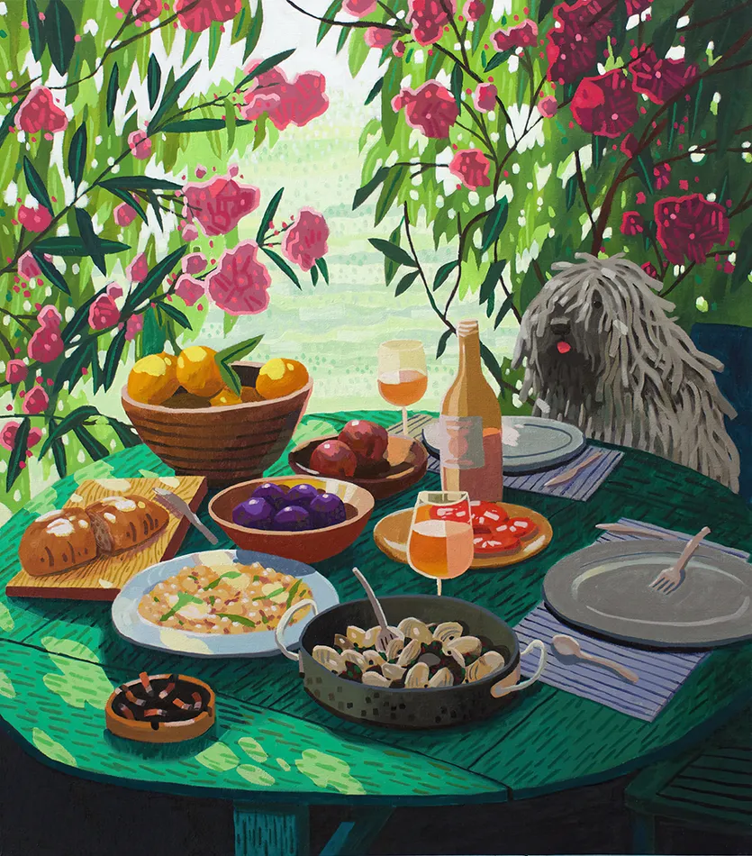 Pastel drawing of a table outside with plates of food on it and a white long haired dog
