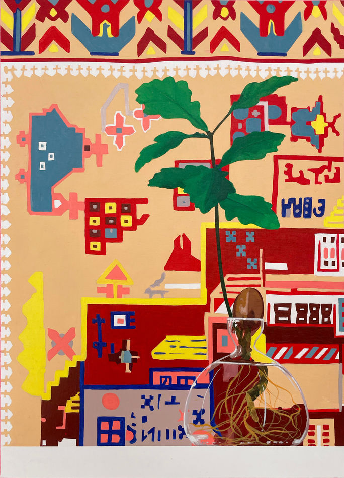 Painting of a plant in a clear circular vase, you can see all of the roots in the water in the vase. Behind the vase is a tapestry or rug with an indigenous design in yellow, blue and red.