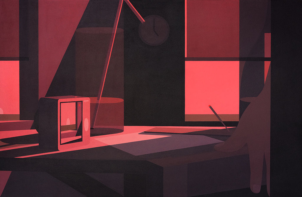 Still life painting of a desk with a small digital camera on top of it that is on and capturing the window the sun setting on it. There is also a cup with a straw on the table next to it and a piece of paper and an incense holder with an almost burned down incense. There is a hand touching the ledge of the desk. There are two windows with the curtains slightly lifted, letting in some faint light into the room. There is a clock on the wall between the windows.