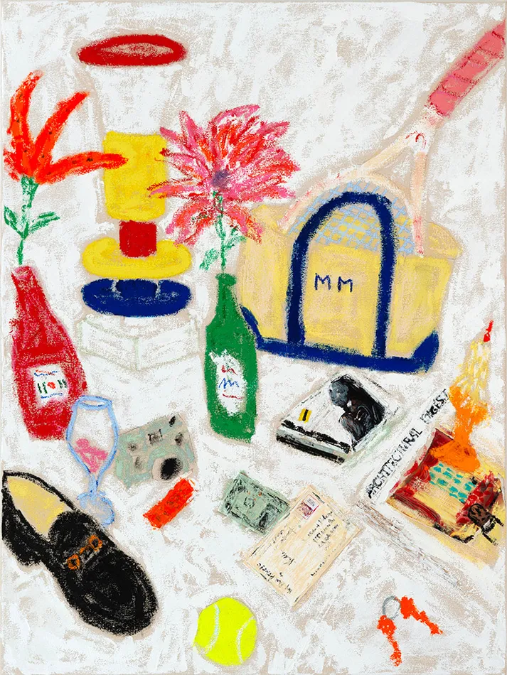painting by Michael McGregor of colorful assorted objects including shoe, bag with tennis racket, tennis ball, bottles, etc.