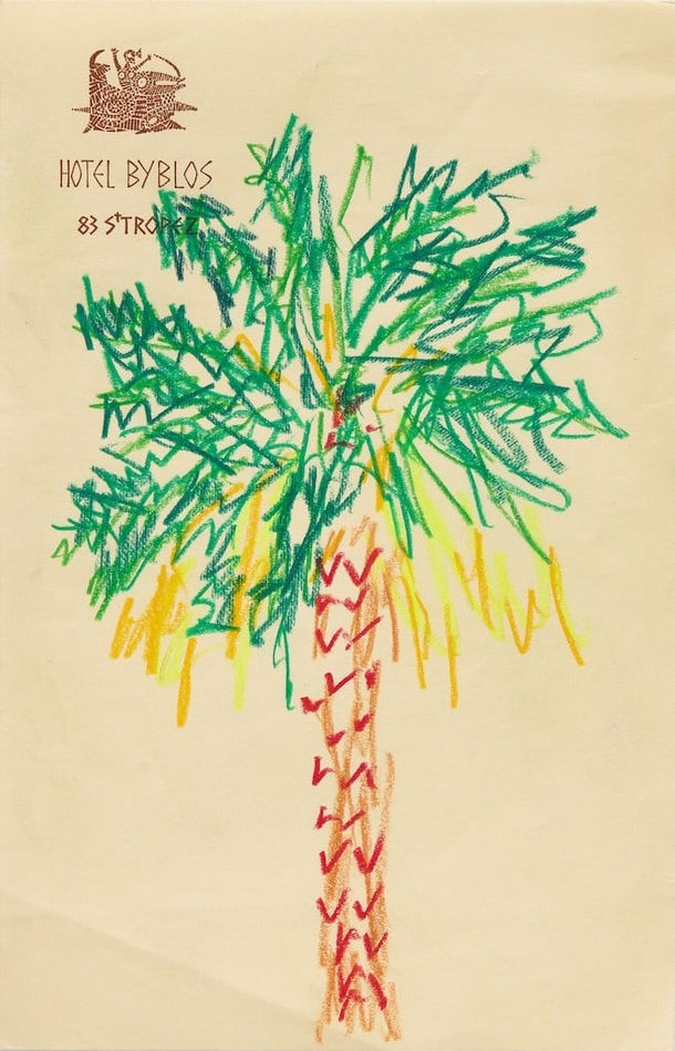 sketch of a palm tree on hotel notepad paper