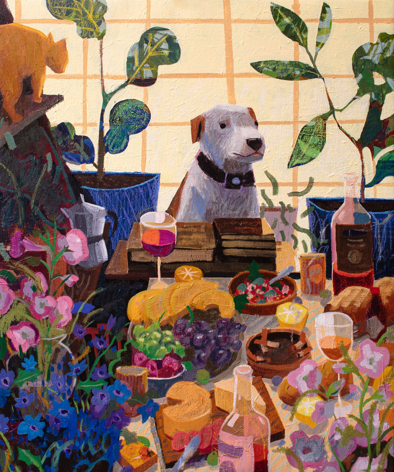 Nicholas Bono Kennedy - painting of a dog with yellow checker background, it sit between two pots of plants, a feast placed in front of it, above the feast stood a cat on a shelf