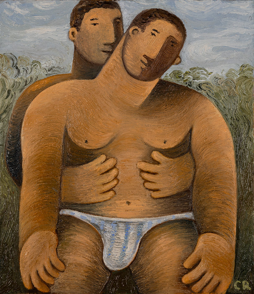 Painting by Carlos Rodriguez of a man standing in his underwear being hugged by another man behind him