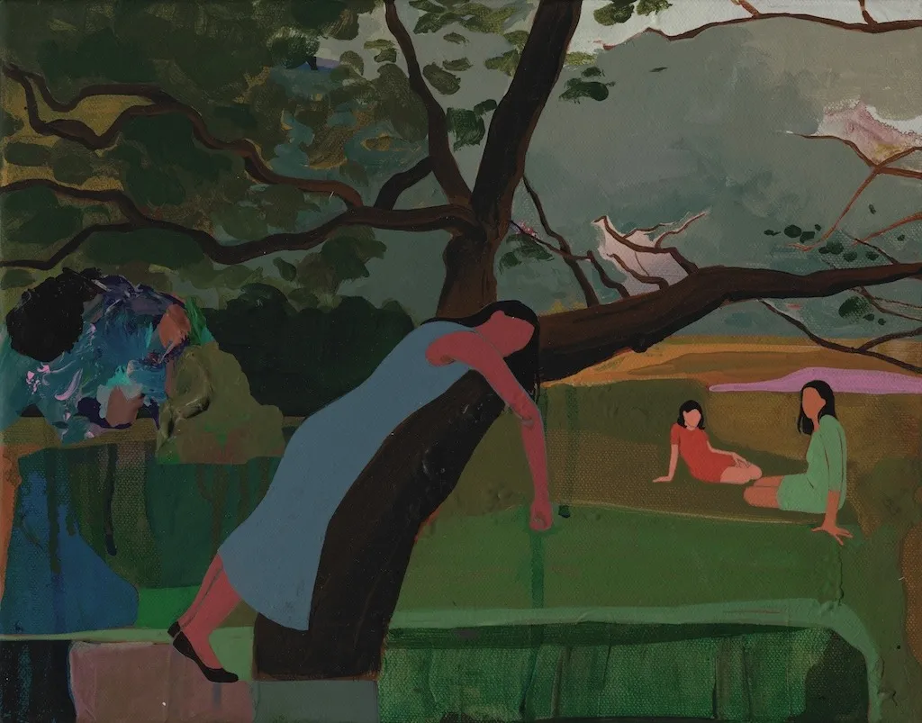 Painting of woman in blue dress laying across a brown tree trunk