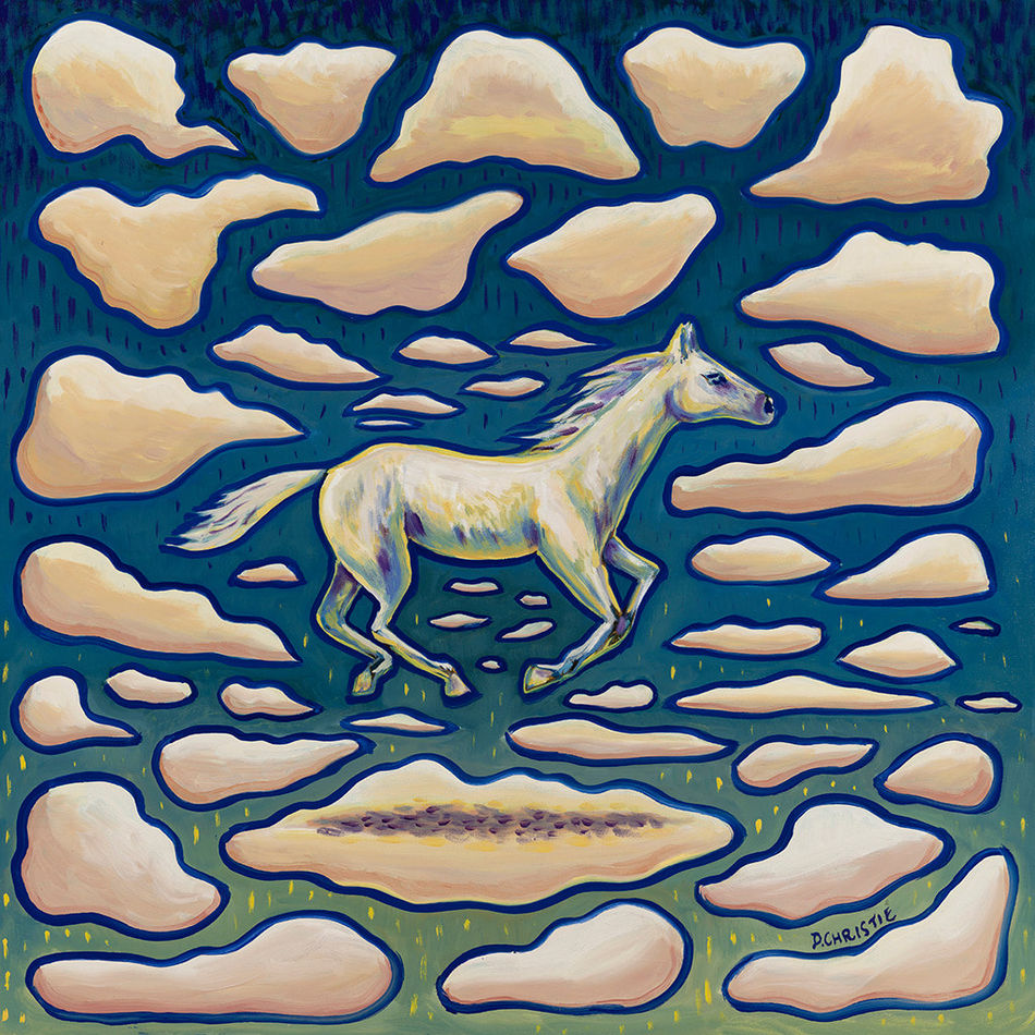Painting of a white horse running through a ton of clouds