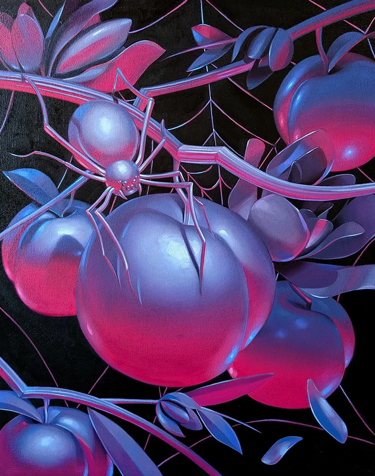 painting of large luscious fruits with a spider crawling amongst them by Megan Ellen MacDonald