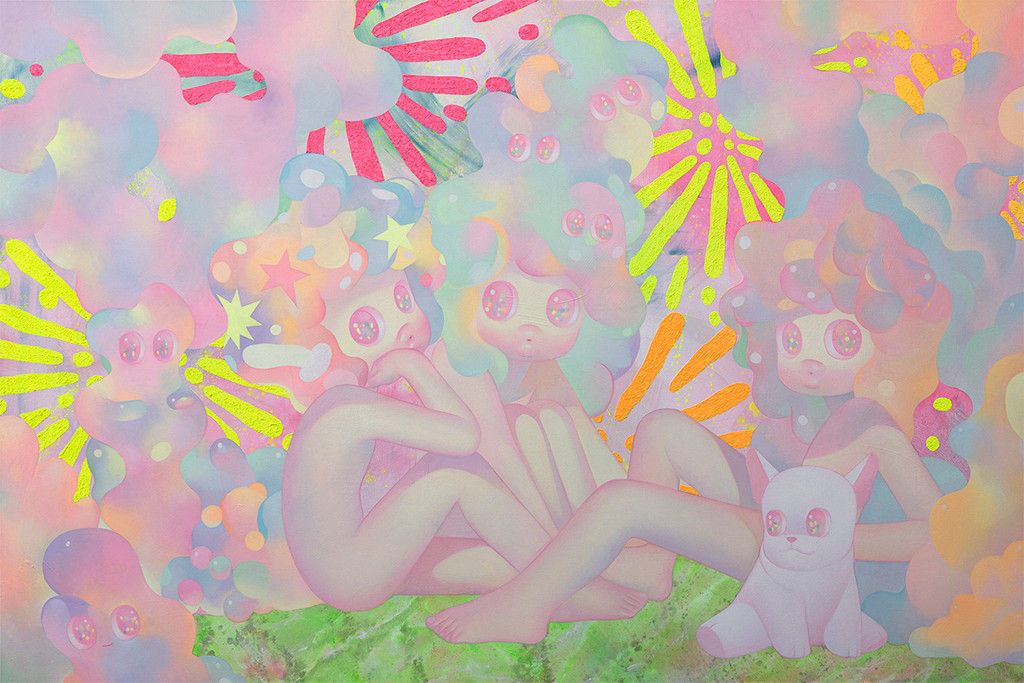 So Youn Lee painting of childlike figures and white bulldog in pastel tones