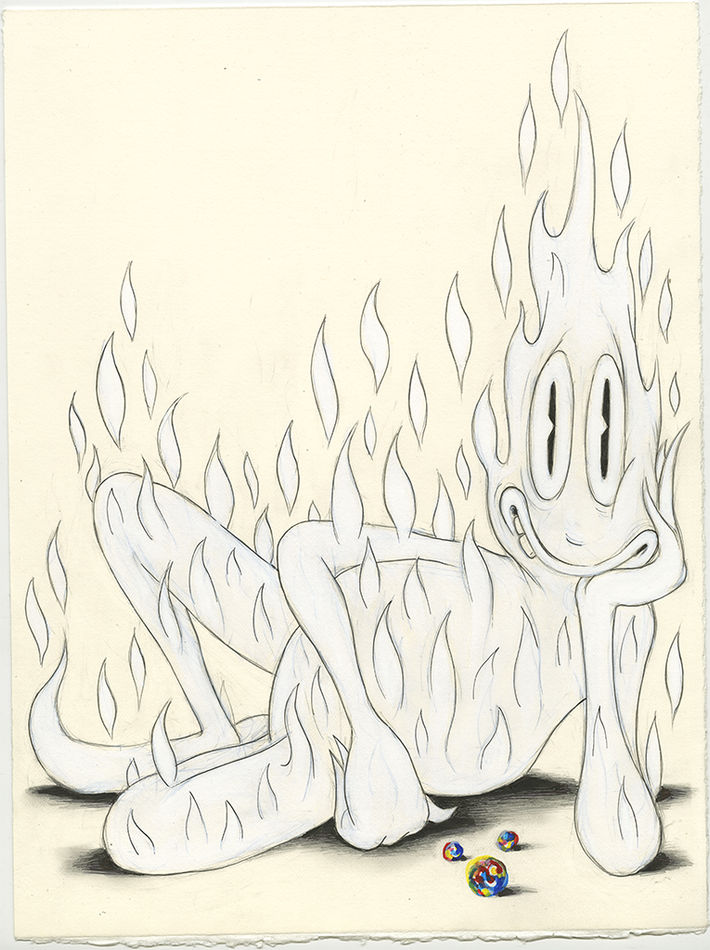 Drawing of a creature made out of fire laying down with marbles in front of him