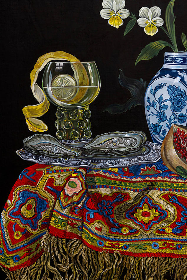 Detail photo of the oil painting still life against a dark background by Sabrina Bockler