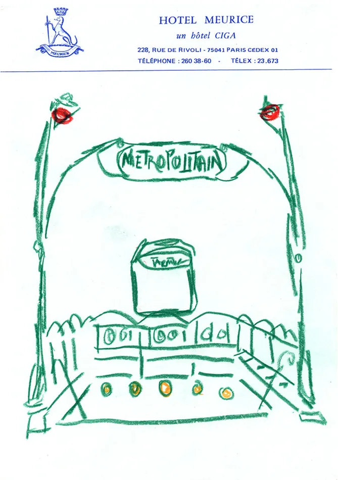 drawing by Michael McGregor of Paris metro on Hotel Meurice stationary