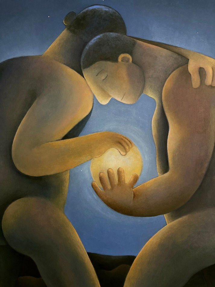 Carlos Rodriguez - painting of two nude men facing one another one hand holding the glowing ball in between them. They have their other hand around each other's shoulder. The background seems to be at night with dark shade of blue.