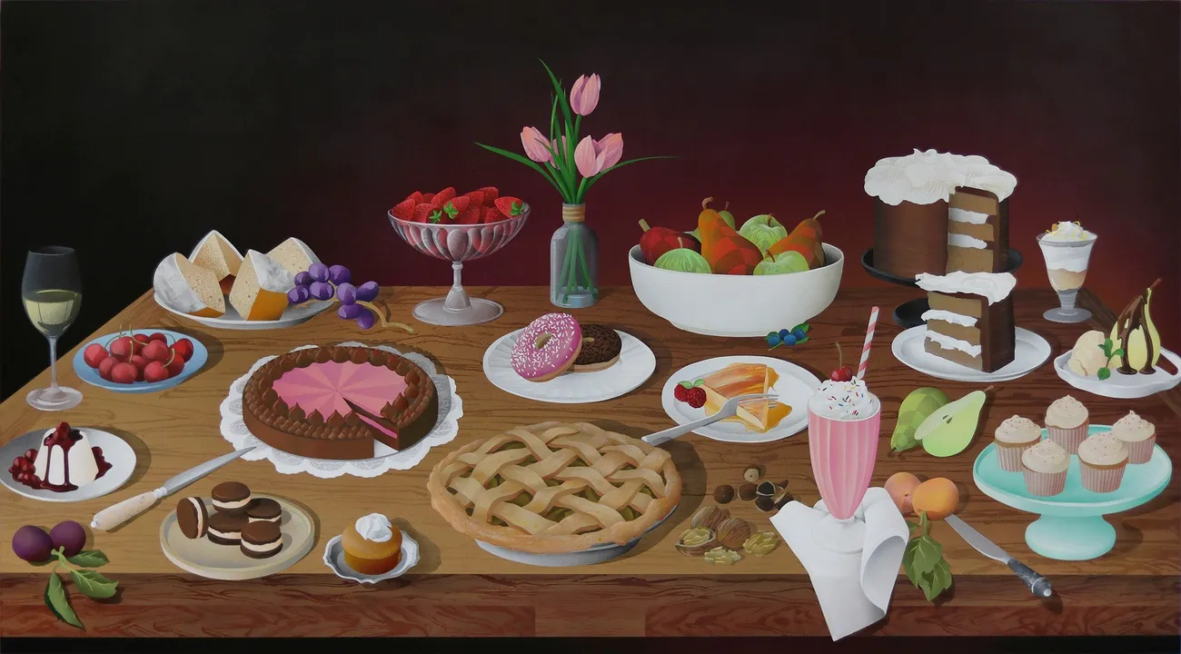 Casey Gray - Spray Painting of a table of baked sweets, fruits, and flowers in front of black background.