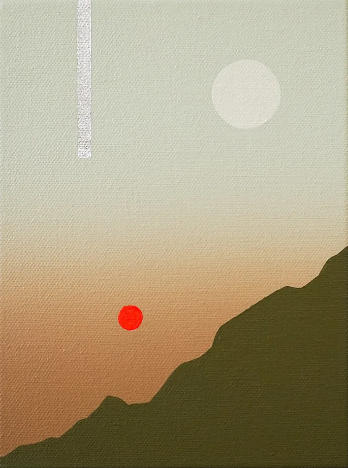 Painting of a green mountain with w red circle above it on the left and a white circle above it on the right.