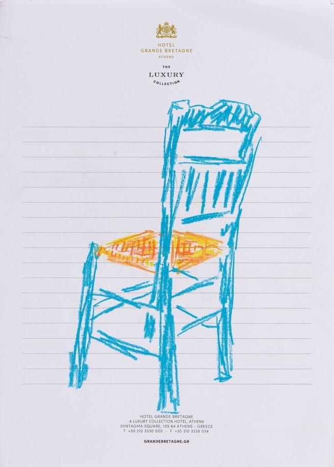 sketch of a teal chair on hotel stationary