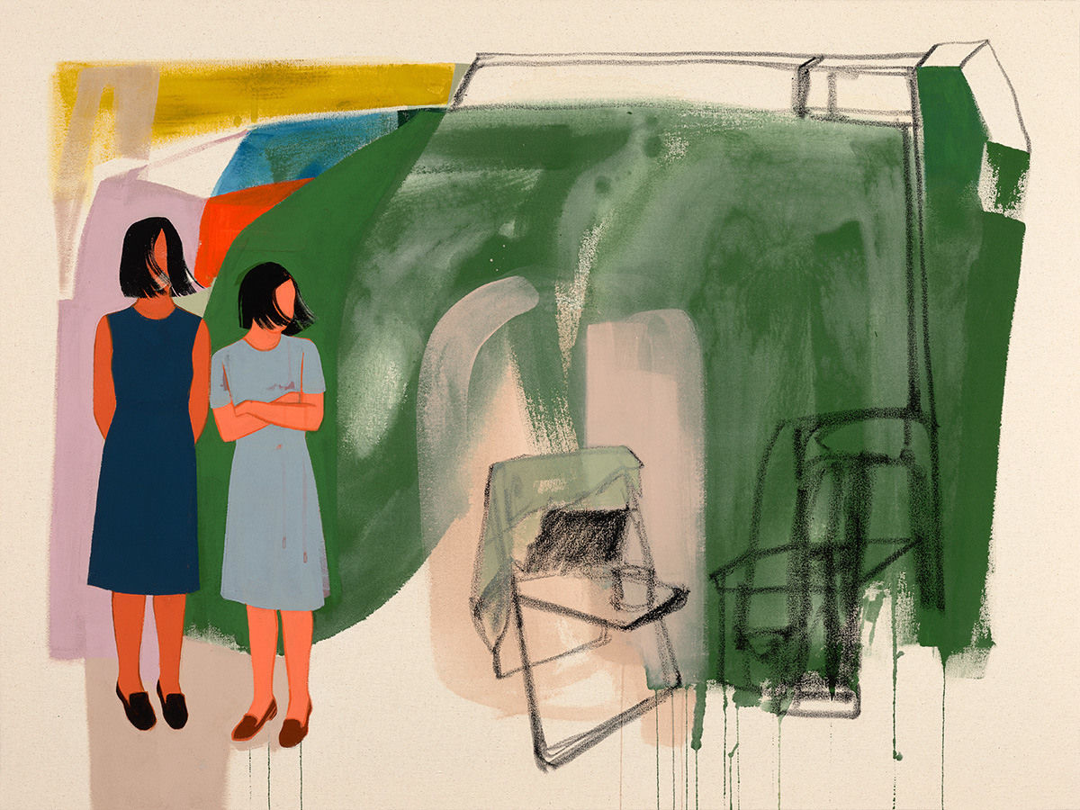 two woman standing next to sketched out folding chairs