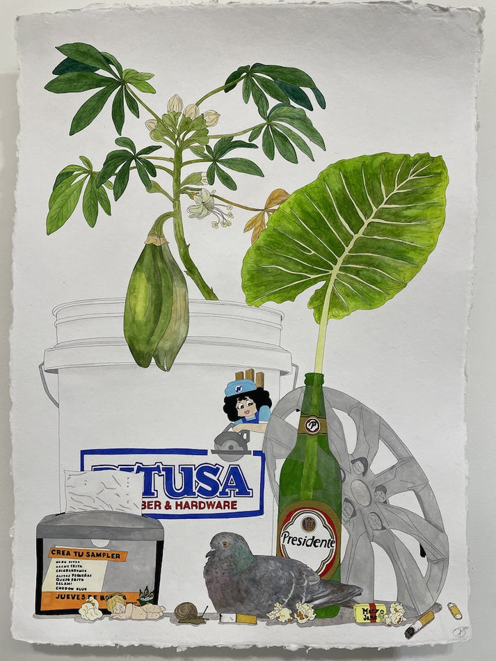 Framed painting of a white bucket and beer bottle with plants sticking out from them