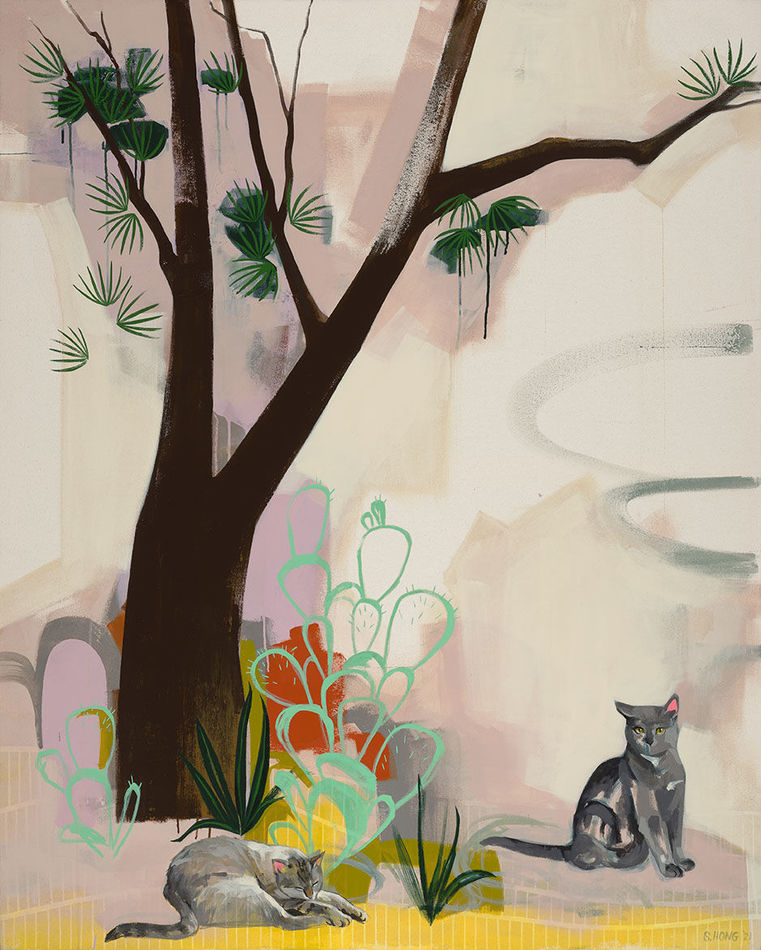Seonna Hong painting of cat and plants in abstract enviornment