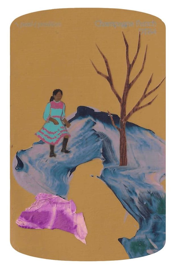 minimal landscape painted with a woman painted on rust colored background