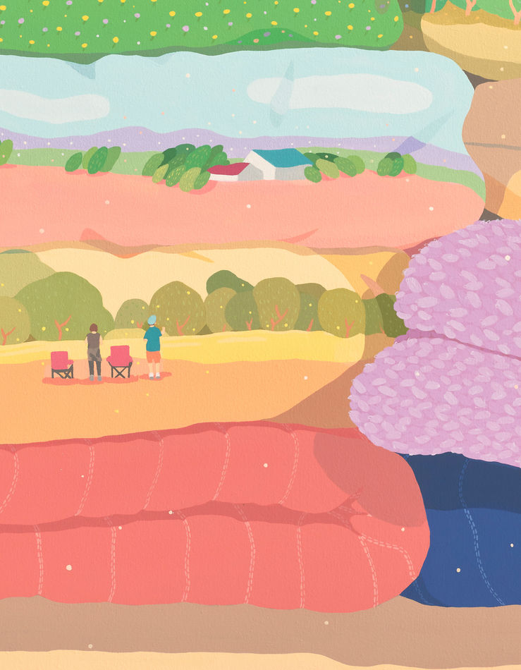 Danym Kwon's painting of folded blankets with scenes in each blanket